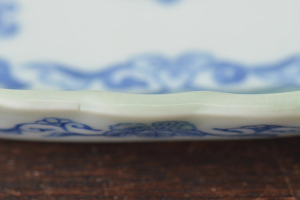 明治〜大正　青磁　印判　花蝶図　変形皿5枚セット(図変わり、在銘)(R-044976)