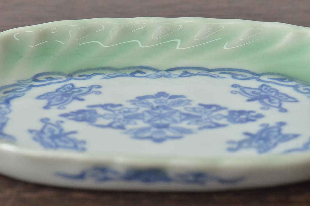 明治〜大正　青磁　印判　花蝶図　変形皿5枚セット(図変わり、在銘)(R-044976)