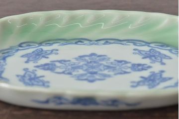 明治〜大正　青磁　印判　花蝶図　変形皿5枚セット(図変わり、在銘)(R-044976)