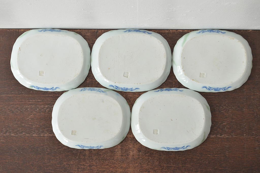 明治〜大正　青磁　印判　花蝶図　変形皿5枚セット(図変わり、在銘)(R-044976)