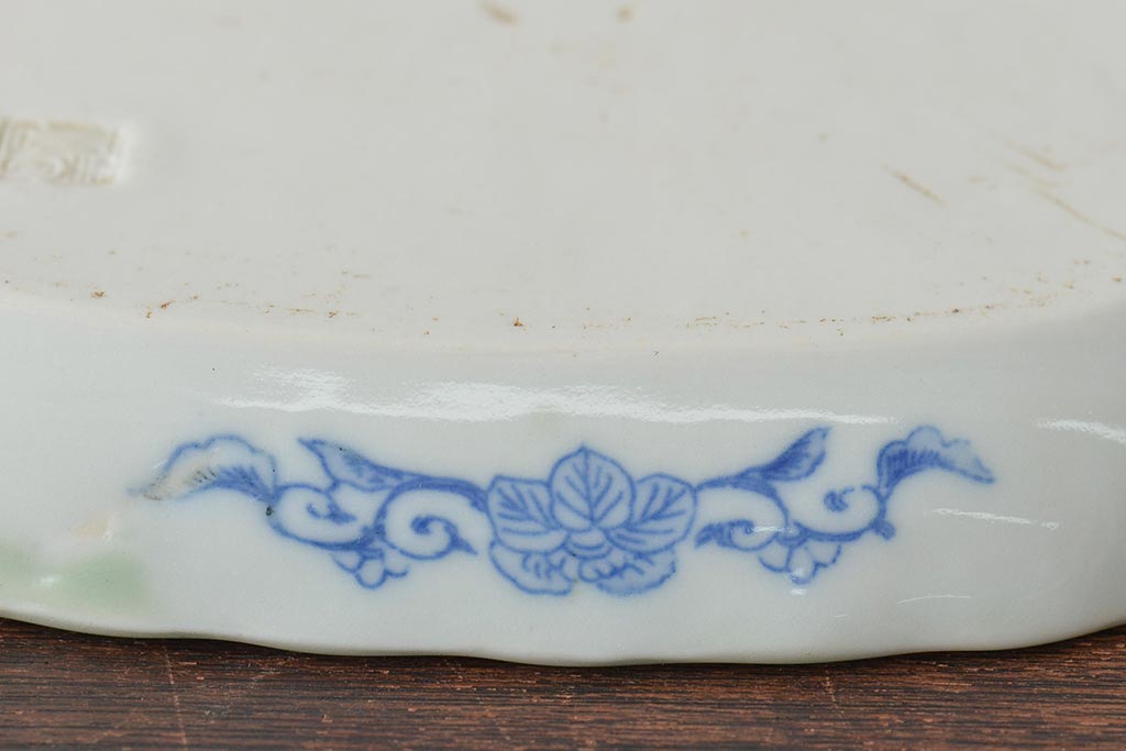 明治〜大正　青磁　印判　花蝶図　変形皿5枚セット(図変わり、在銘)(R-044976)