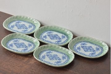 明治〜大正　青磁　印判　花蝶図　変形皿5枚セット(図変わり、在銘)(R-044976)