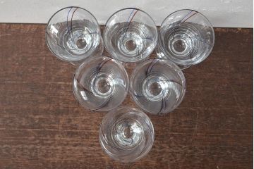 昭和初期　赤青ストライプ　ガラスコップ6個セット(レトログラス、和ガラス)(R-044977)