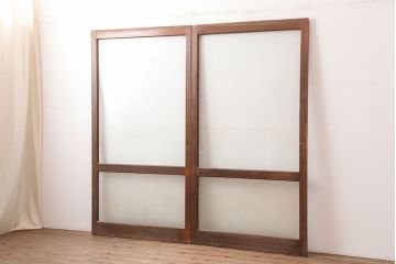 アンティーク建具　昭和中期　クリアガラス・銀モールガラス　レトロな雰囲気が素敵なガラス戸2枚セット(引き戸)(R-044986)