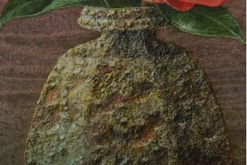 増本憲樹　面取信楽の椿　油彩　F3号(壁掛け、絵画、ディスプレイ雑貨)(R-044991)