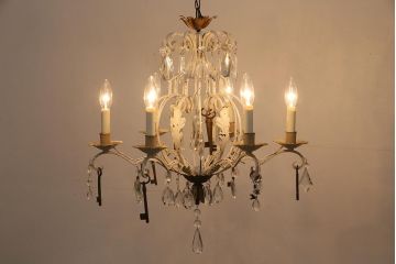 フランスアンティーク　鉄製　6灯　鍵のオブジェがついたシャビーなシャンデリア(天井照明、吊り下げ照明)(R-044994)