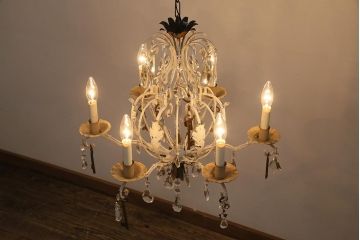 フランスアンティーク　鉄製　6灯　鍵のオブジェがついたシャビーなシャンデリア(天井照明、吊り下げ照明)(R-044994)