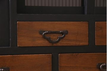 アンティーク家具　明治大正期　脚付きリメイク　天板ヒノキ材　モールガラス入り　黒いペイントと木色のバイカラーがおしゃれなテレビ台(収納棚、ガラス戸棚、テレビボード)(R-044995)