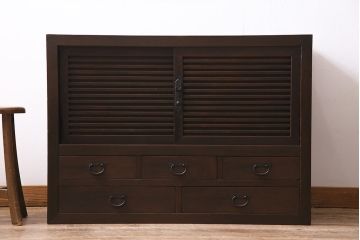 アンティーク家具　ヒノキ材　横桟引き戸が魅力的な美濃帳場箪笥・上段(収納棚、キャビネット)(R-044996)