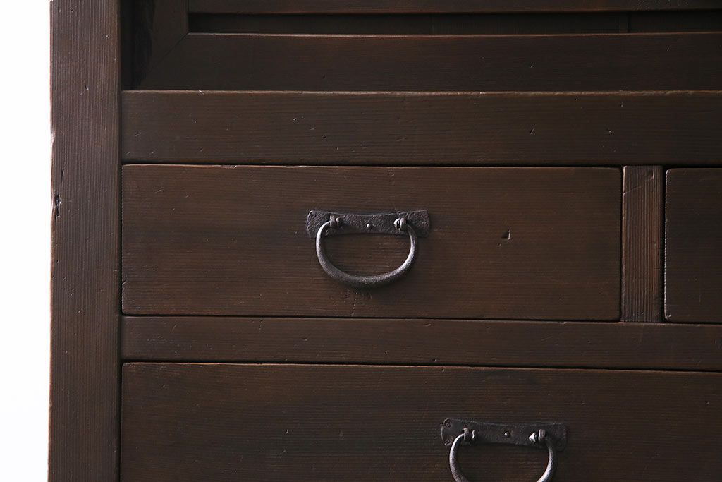 アンティーク家具　ヒノキ材　横桟引き戸が魅力的な美濃帳場箪笥・上段(収納棚、キャビネット)(R-044996)