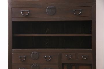 アンティーク家具　ヒノキ材　横桟引き戸が魅力的な美濃帳場箪笥・下段(収納棚、キャビネット)(R-044997)