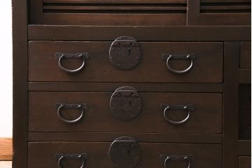 アンティーク家具　ヒノキ材　横桟引き戸が魅力的な美濃帳場箪笥・下段(収納棚、キャビネット)(R-044997)