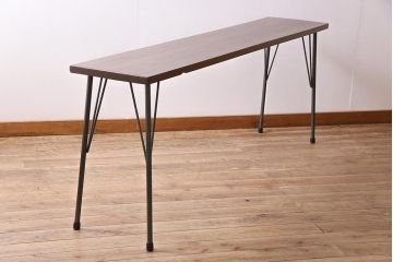 ビンテージ家具　和製　昭和中期　ラワン一枚板　古い木の質感が味わい深い鉄脚テーブル(作業台、アイアンテーブル、コンソールテーブル)(R-045000)