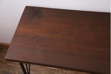 ビンテージ家具　和製　昭和中期　ヒノキ一枚板　古材を活かした鉄脚テーブル(作業台、アイアンテーブル、コンソールテーブル)(R-045001)
