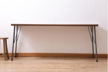 ビンテージ家具　和製　昭和中期　ヒノキ一枚板　古材を活かした鉄脚テーブル(作業台、アイアンテーブル、コンソールテーブル)(R-045001)
