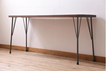 ビンテージ家具　和製　昭和中期　ヒノキ一枚板　古材を活かした鉄脚テーブル(作業台、アイアンテーブル、コンソールテーブル)(R-045001)
