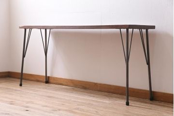 アンティーク家具　和製　昭和初期　桂一枚板　古材を活かしたシンプルな鉄脚テーブル(作業台、アイアンテーブル、コンソールテーブル)(R-045002)