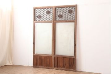 アンティーク建具　麻の葉　組子入り　和の雰囲気高めるガラス戸2枚セット(引き戸、建具)(R-045005)