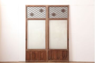 アンティーク建具　麻の葉　組子入り　和の雰囲気高めるガラス戸2枚セット(引き戸、建具)(R-045005)