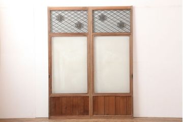アンティーク建具　麻の葉　組子入り　和の雰囲気高めるガラス戸2枚セット(引き戸、建具)(R-045005)