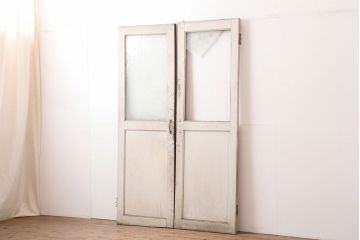 アンティーク建具　両開き　ナチュラルやフレンチインテリアに合うペイントガラス扉2枚セット(ドア、建具)(R-045007)