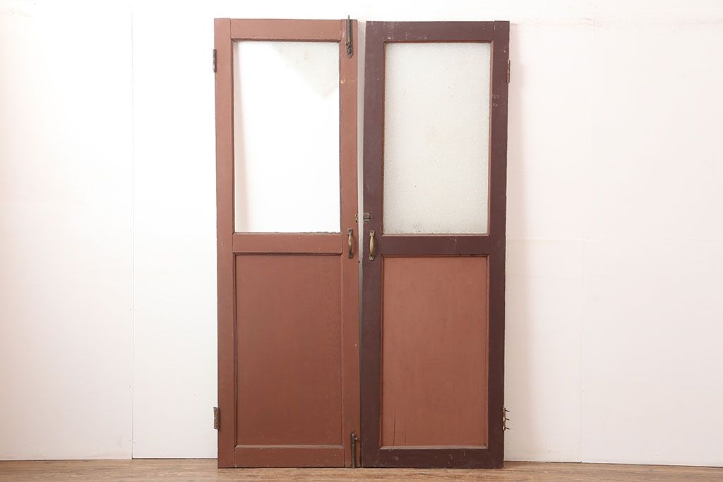 アンティーク建具　両開き　ナチュラルやフレンチインテリアに合うペイントガラス扉2枚セット(ドア、建具)(R-045007)