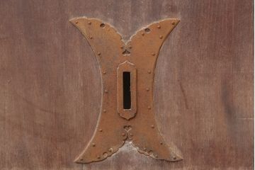 アンティーク建具　明治期　総ケヤキ材　 珍しい裏障子付きの格子蔵戸(建具、玄関戸)(R-045021)