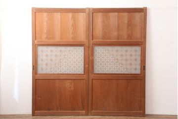 アンティーク建具　昭和中期　角麻(麻の葉)模様　優美な組子帯戸2枚セット(ガラス帯戸、板戸、引き戸、建具、組子)(R-045031)