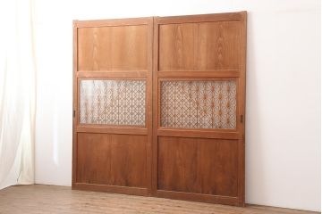 アンティーク建具　昭和中期　角麻(麻の葉)模様　優美な組子帯戸2枚セット(ガラス帯戸、板戸、引き戸、建具、組子)(R-045031)