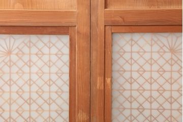 アンティーク建具　昭和中期　角麻(麻の葉)模様　優美な組子帯戸2枚セット(ガラス帯戸、板戸、引き戸、建具、組子)(R-045031)