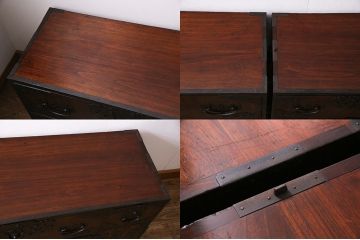 アンティーク家具　前面ケヤキ材　玉杢　分厚い金具が目を引く上手物の佐渡小木箪笥(佐渡箪笥、衣装箪笥、重ね箪笥)(R-045038)