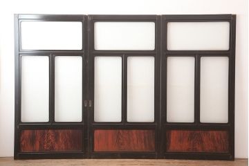 アンティーク建具　石川県産　総漆塗り　浮造り仕上げ　バイカラーが目を引く上品なガラス戸3枚セット(引き戸、建具)(R-045045)
