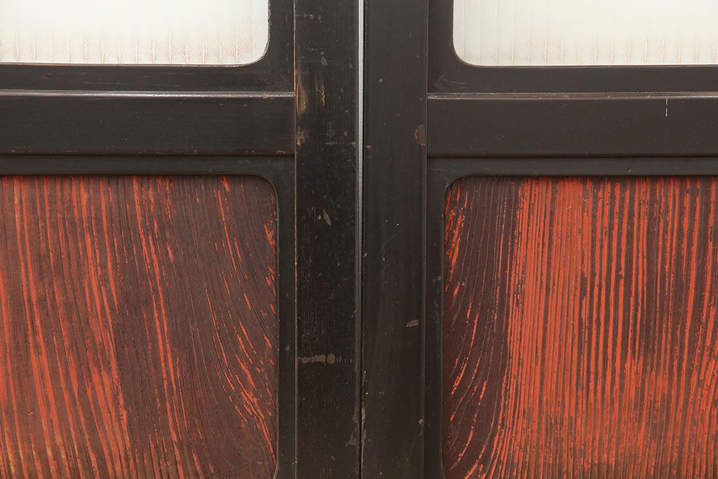 アンティーク建具　石川県産　総漆塗り　浮造り仕上げ　バイカラーが目を引く上品なガラス戸3枚セット(引き戸、建具)(R-045045)