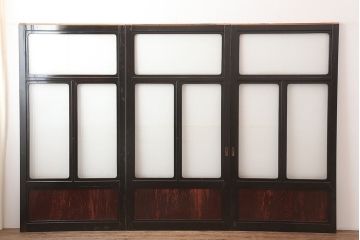 アンティーク建具　石川県産　総漆塗り　浮造り仕上げ　バイカラーが目を引く上品なガラス戸3枚セット(引き戸、建具)(R-045045)