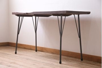 アンティーク家具　古材リメイク　ケヤキ材一枚板を使用した鉄脚テーブル(コンソールテーブル、作業台)(R-045047)