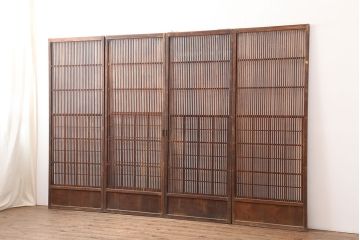 アンティーク建具　大正期　スライド裏障子　繊細な和の雰囲気漂う格子戸4枚セット(上げ下げ障子、引き戸)(R-045053)