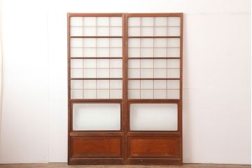 アンティーク建具　昭和中期　腰板ケヤキ材　レトロなガラス戸2枚セット(引き戸、建具)(R-045054)