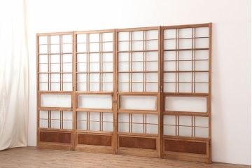 アンティーク建具　昭和中期　腰板ケヤキ材　レトロなガラス戸4枚セット(引き戸、帯戸、建具)(R-045055)