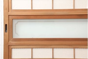 アンティーク建具　腰板ケヤキ材　裏障子付き　高級感のある格子戸2枚セット(引き戸、ガラス帯戸、建具)(R-045070)