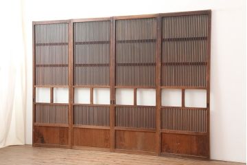 アンティーク建具　幅狭　和レトロな格子戸4枚セット(引き戸、ガラス帯戸、建具)(R-045073)