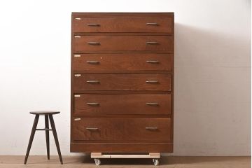 【簡易リペア限定品】アンティーク建具　昭和中期　前面栗材　シンプルなつくりの6段チェスト(引き出し、和タンス)(R-045087)