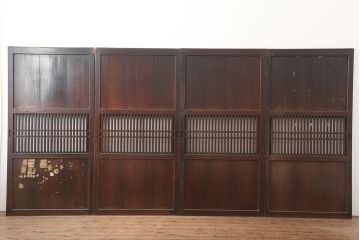 アンティーク建具　上手物　裏ガラス入り　総栗材でつくられた珍しい格子帯戸4枚セット(引き戸、建具)(R-045110)