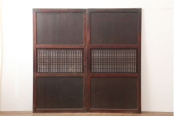 アンティーク建具　明治期　裏障子付き　落ち着きのある色合いの格子帯戸2枚セット(引き戸、建具)(R-045111)