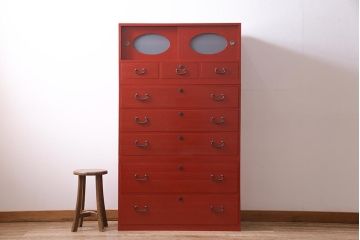 アンティーク家具　総桐材　カシュー　朱塗りの美しい色合いがモダンな桐箪笥(タンス、たんす、衣装箪笥)(R-045129)