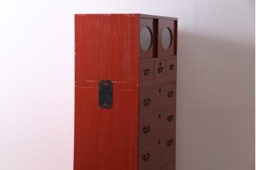 アンティーク家具　総桐材　カシュー　朱塗りの美しい色合いがモダンな桐箪笥(タンス、たんす、衣装箪笥)(R-045129)