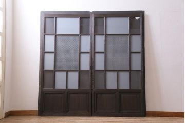 アンティーク建具　昭和初期　当店オリジナルガラス・花菱模様　大正ロマン香るガラス戸2枚セット(引き戸、建具)(R-045146)