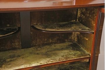 アンティーク家具　イギリスアンティーク　マホガニー材　ミラーバック　品の良い象眼細工入りのキャビネット(飾り棚、収納棚)(R-045147)