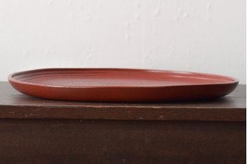 明治〜大正　朱塗　轆轤目欅　丸盆(ケヤキ、渦巻、根来?)(R-045152)