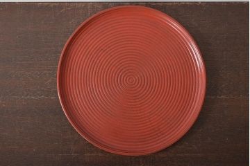 明治〜大正　朱塗　轆轤目欅　丸盆(ケヤキ、渦巻、根来?)(R-045152)