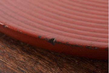 明治〜大正　朱塗　轆轤目欅　丸盆(ケヤキ、渦巻、根来?)(R-045152)